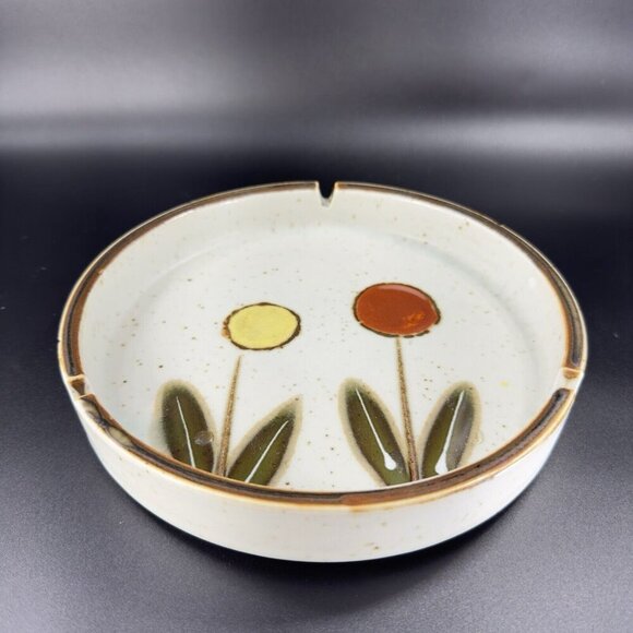 Vintage Japanese Pottery Round Speckled Ashtray Dish Bowl Abstract Flowers Vtg - Picture 11 of 15